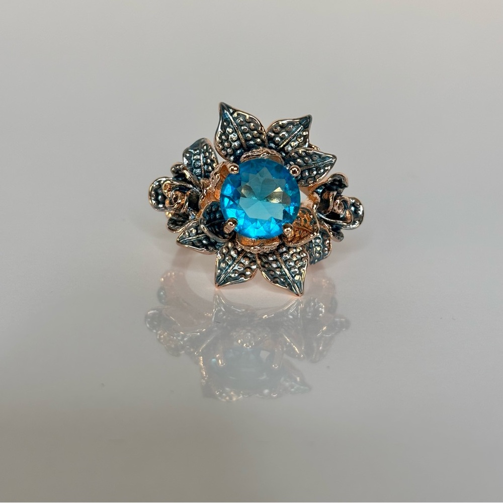 Floral Blue Crystal Statement Ring -Size 7 S.925  Sterling Silver RoseGold Color